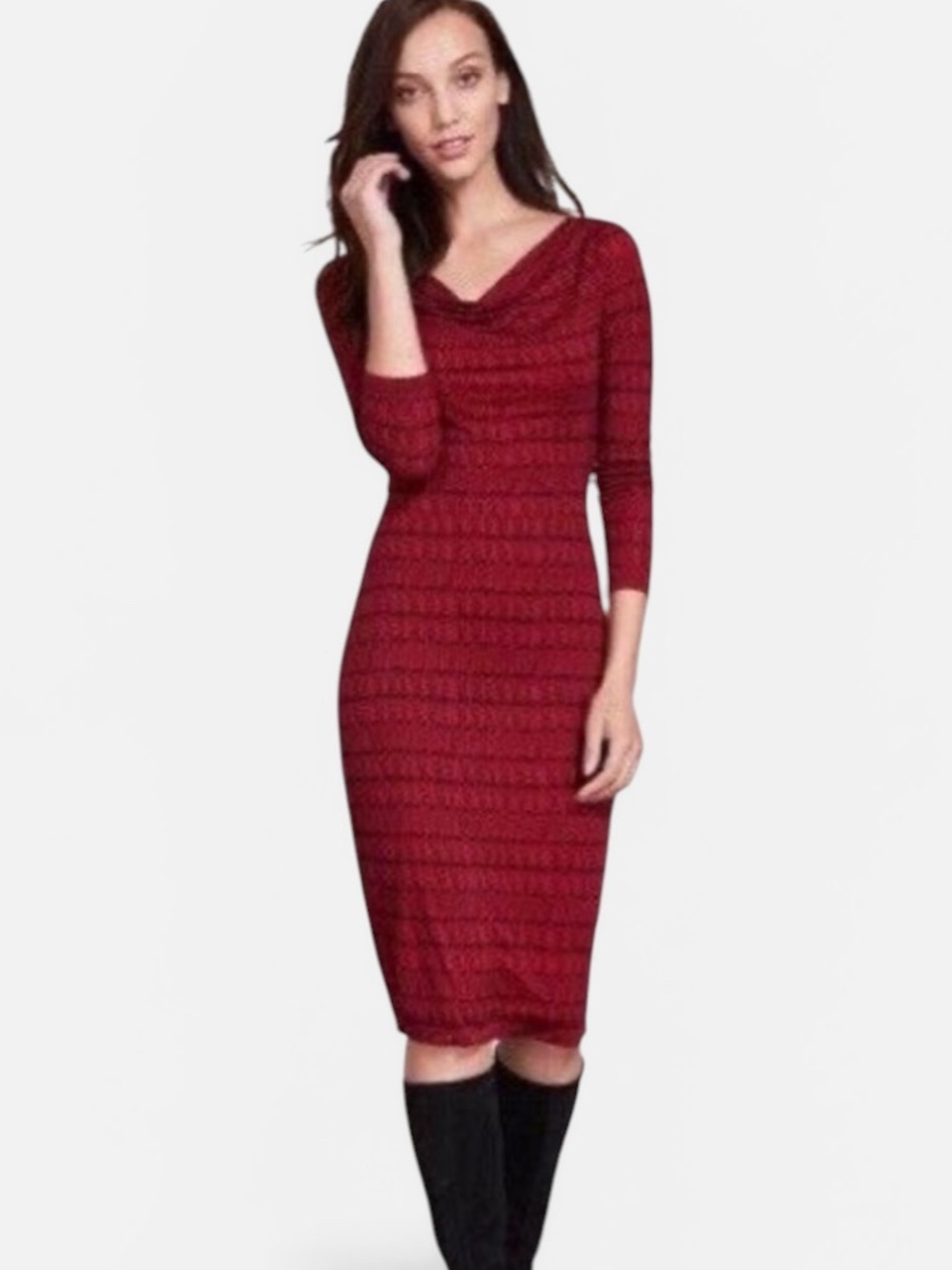 Boden Red And Black Wool Blend Cowl Neck Long Sleeve Geo Dress